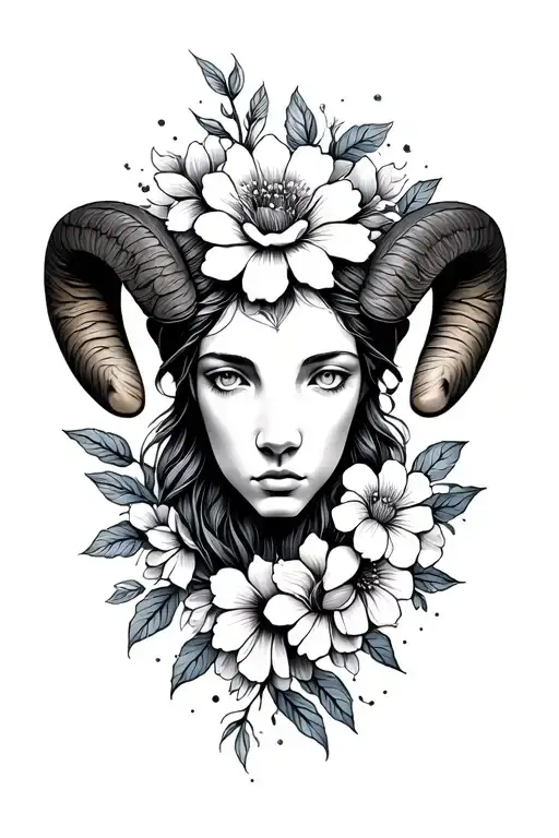 aries zodiac head emerging stronger between flowers tattoo design idea
