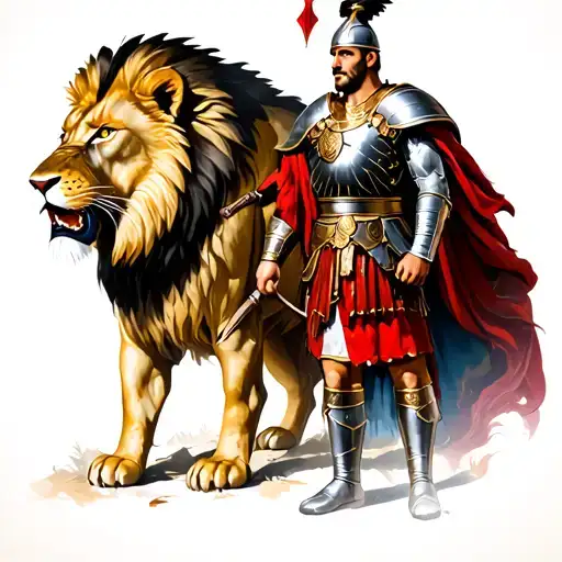 A strong roman soldier with an angry lion on the background  tattoo design idea