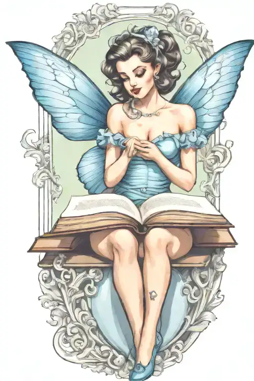 pinup fairy holding open book tattoo design idea