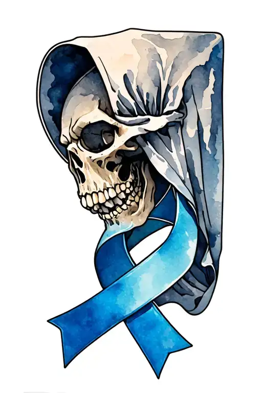 grim teaper with blue cancer ribbon for outline of hood tattoo design idea
