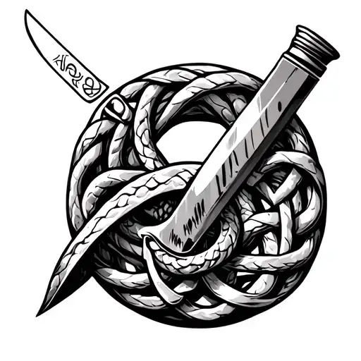 a straight razor blade cutting through a celtic knot, Hidden within the knot is a mask or snake tattoo design idea
