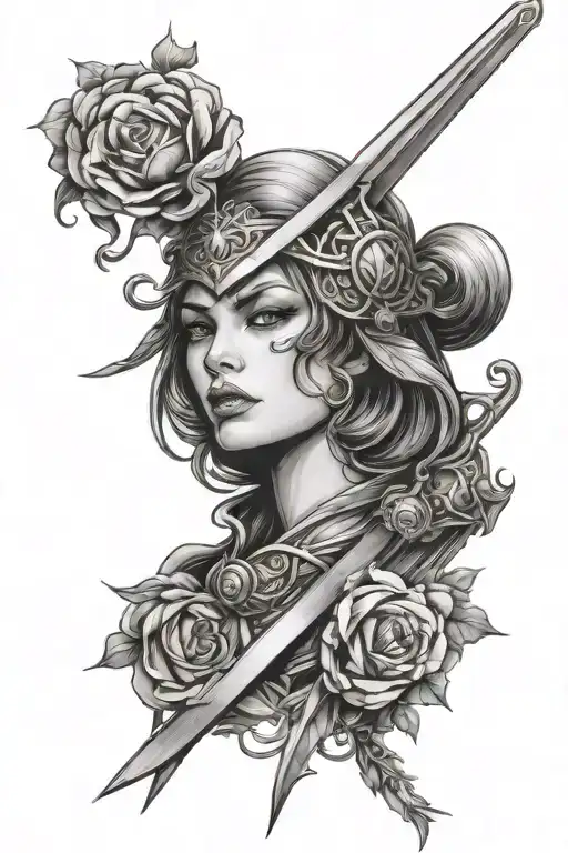minerva beautiful face straight sword tattoo design idea