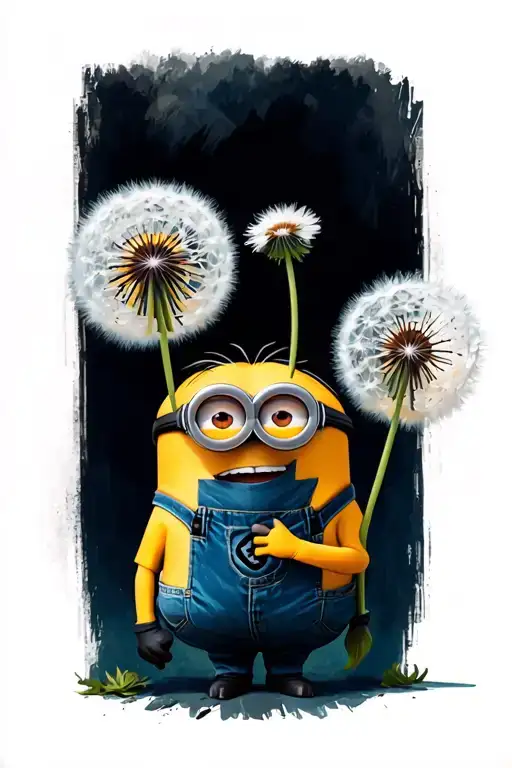 minions holding a dandelion flower tattoo design idea