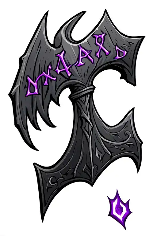 dwarven wing bladed axe made with black steel with purple enchanted letters across the blades  tattoo design idea