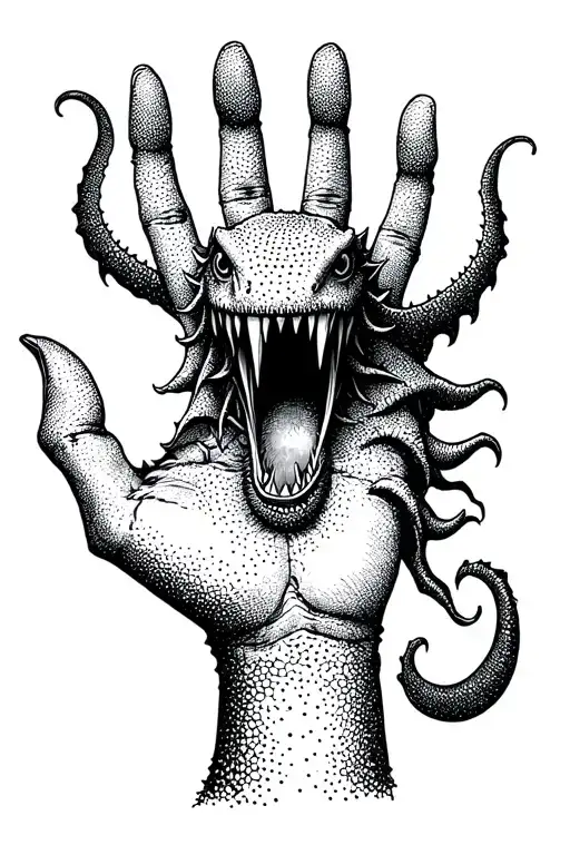 sea monster on hand talking with thumb and pointer finger tattoo design idea
