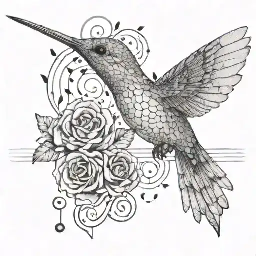 A beautiful hummingbird perched on a music staff, with the notes spelling out the names Timothy and Christopher, in memory of your loved ones tattoo design idea