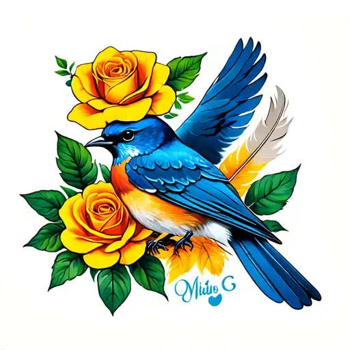 bluebird with a yellow rose and an eagle feather  tattoo design idea