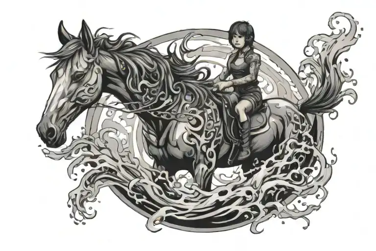 horse jumping through a portal made of water, and turning into a kelpie with fangs, scales, and its hair is e of seaweed tattoo design idea
