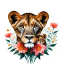 lioness and baby cub include flowers growing tattoo design idea