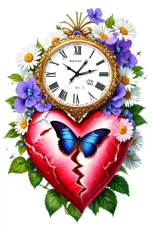 rose and violets and daisies and butterfly resting and Libra and thunderstorm and clock and broken white heart tattoo design idea