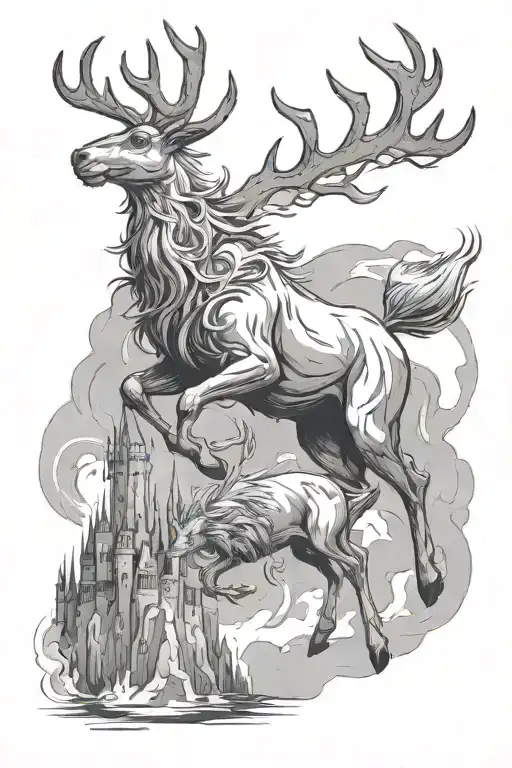 a reindeer patronus fending off a dementor and in the background is the hogwarts castle tattoo design idea