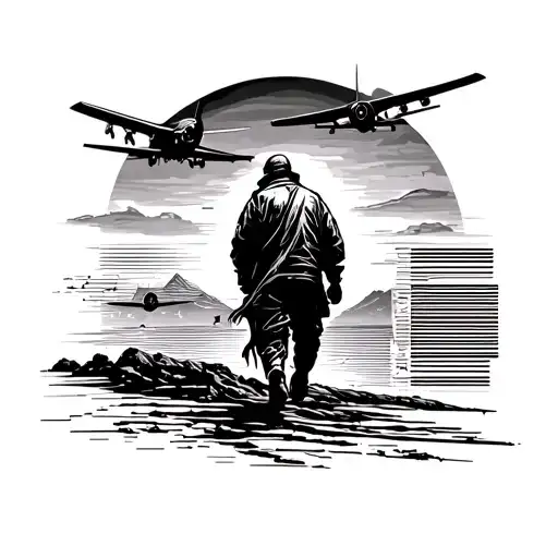 Blackwork chest piece, walking figure on horizon line, travel arcs, small plane, barcode elements. tattoo design idea