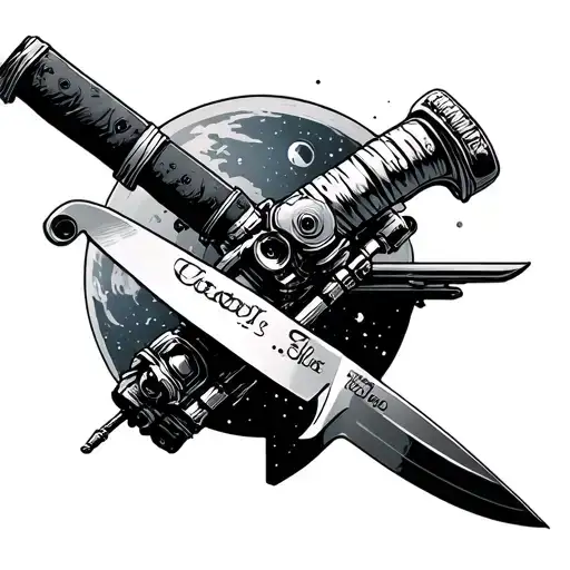 Knife of cook with back of space station tattoo design idea