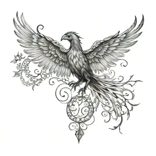 A phoenix rising from the tree of life, surrounded by intricate shibari patterns tattoo design idea
