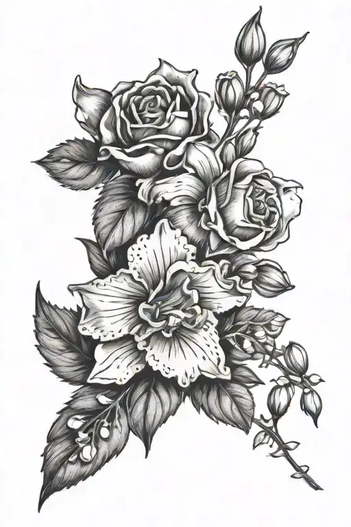  a carnation, a sweet pea, a lily of the valley, a hawthorn, and a larkspur tattoo design idea