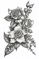  a carnation, a sweet pea, a lily of the valley, a hawthorn, and a larkspur tattoo design idea