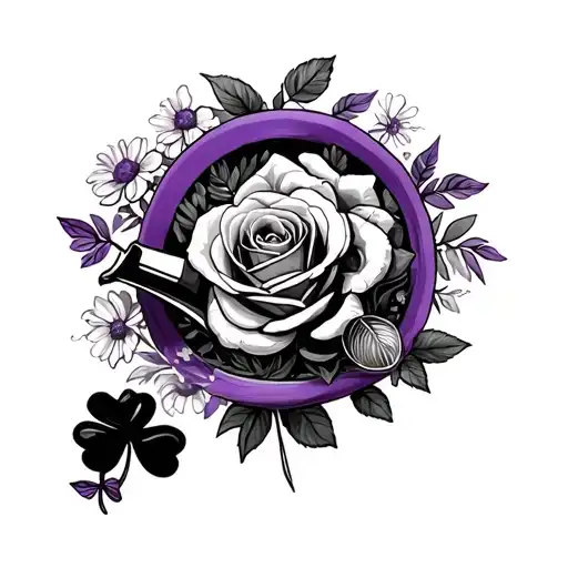violet, wattle, rose, marigold, shamrock, watering can & purple ribbon  tattoo design idea