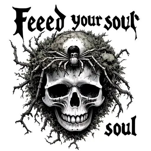 "Feed your soul" old worn skull covered in moss and vine , spider crawling out of open jaw, soul rolling backwards up out of eyesockets tattoo design idea