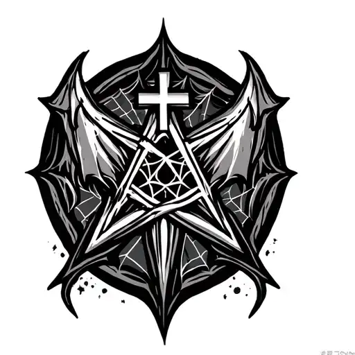 make me a tattoo stencil that has a pentagram with bat wings with a cross at the top with spider webs tattoo design idea