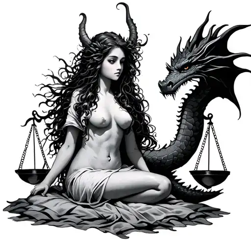 girl in sheets , libra scale , dragon protecting the girl  tattoo design idea