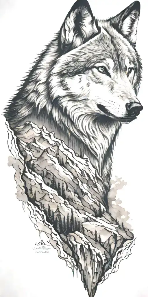 mountain range with wolf head tattoo design idea