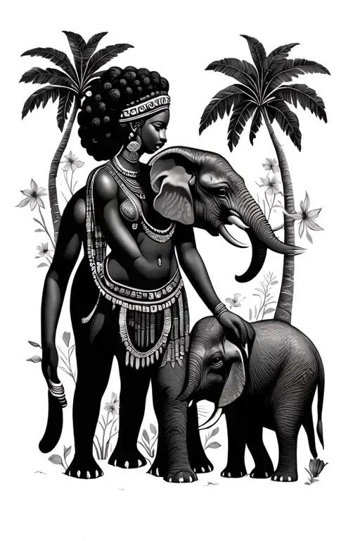 African goddess guarding an elephant surrounded by african trees and flowers tattoo design idea