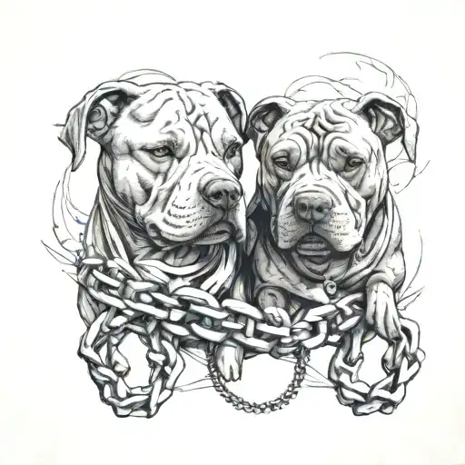 Two ferocious pitbulls combined with chains wrapped around them with a mountain background and a river connecting them tattoo design idea