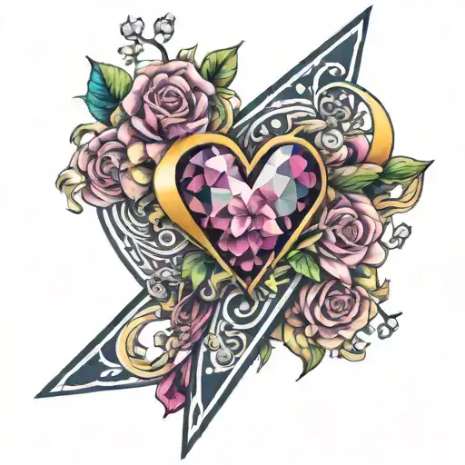 colorful infinity sign triangle blooming heart with banner tattoo design idea