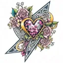 colorful infinity sign triangle blooming heart with banner tattoo design idea