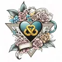 colorful infinity sign triangle blooming heart with banner tattoo design idea