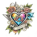 colorful infinity sign triangle blooming heart with banner tattoo design idea