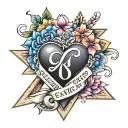 colorful infinity sign triangle blooming heart with banner tattoo design idea