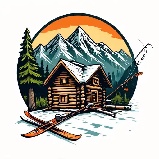 Log cabin, mountains in background, skis and fly fishing rod leaning on cabin tattoo design idea