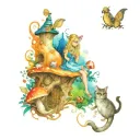 Alice in wonderland half sleeve with tiny Alice Falling down the rabbit hole at the top with huge mushrooms with the cat tattoo design idea