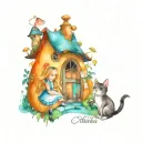 Alice in wonderland half sleeve with tiny Alice Falling down the rabbit hole at the top with huge mushrooms with the cat tattoo design idea