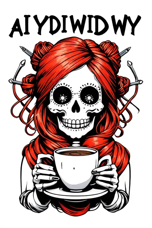 "AIYDIWDWY" "AIYDIWDWY" sugar skull skeleton with red hair in a bun with crochet hooks, wearing a hair scarf holding a steaming coffee tattoo design idea