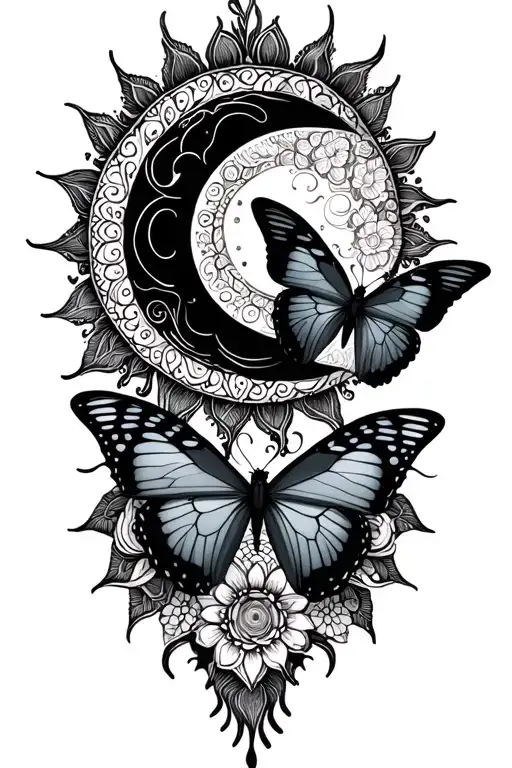 sun moon butterflies bohemian lace sun tattoo design idea