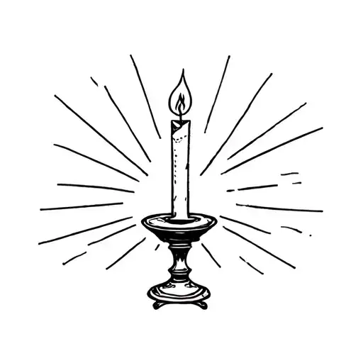 small candle on small gothic stand with flame, wax melting from top and small rays around the flame  tattoo design idea