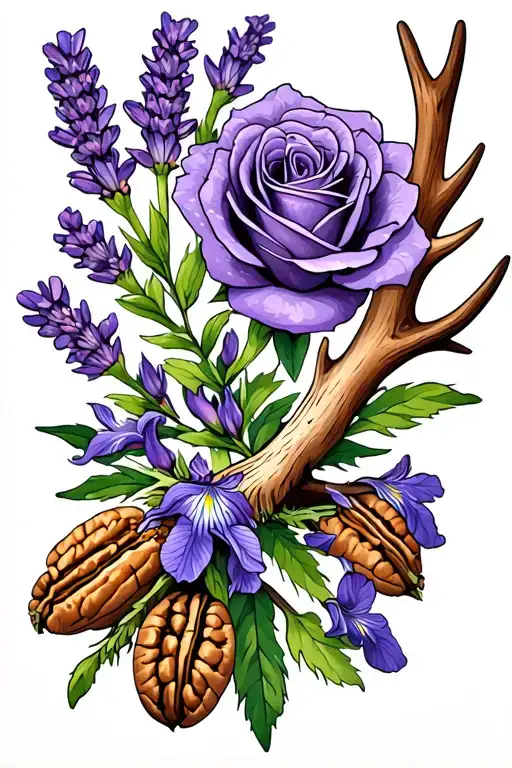 lavender rose, elk antler, pecan branch, iris flower tattoo design idea