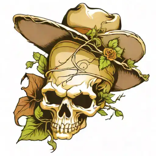 vines wrapping skull wearing cowboy hat tattoo design idea