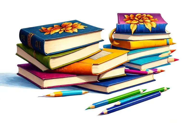 books and colered pencils tattoo design idea