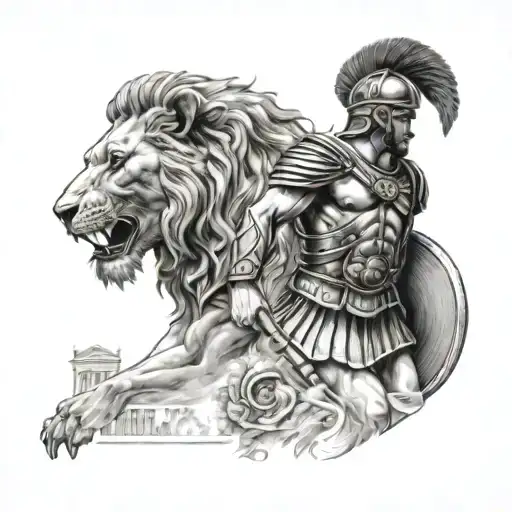 Roman soldier with Roman buildings in the background with lion tattoo design idea