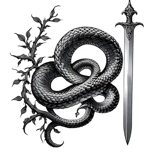 snake and sword with vines upper tricep and shoulder tattoo design idea