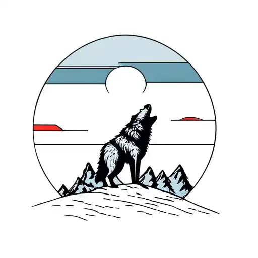 wolf howling over red sunset with mountains tattoo design idea