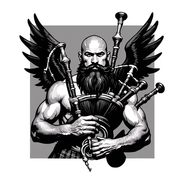 scottish bagpiper bald black beard muscular wearing glengarry pipes in arm big black wings shirtless tattoo tattoo design idea