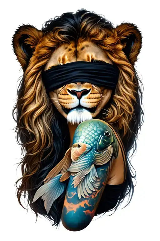 girl blindfolded with three tooth with lion pels wearing and fish symbool on arm tatoo  tattoo design idea