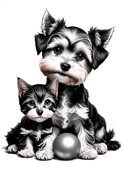 1 small schnoodle lying down with ball between paws and 1 smaller havapoo sitting next to her and 1 cat sitting behind tattoo design idea