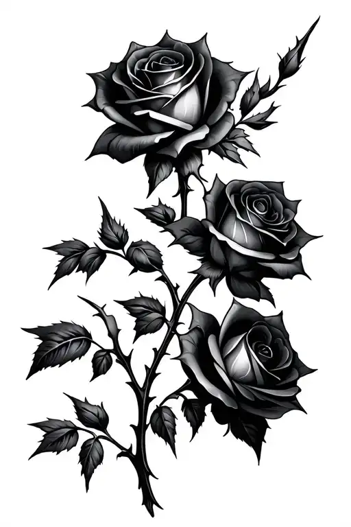 black rose branchs with spikes, black and white tattoo, long with at least 5 roses tattoo design idea