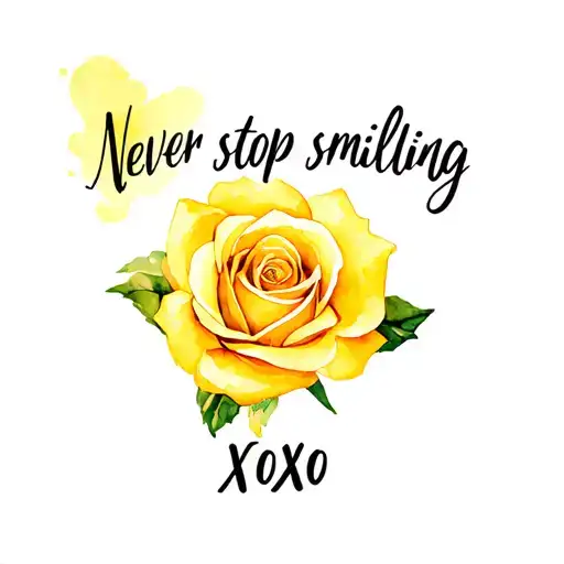 "Never stop smiling xoxo" yellow rose tattoo design idea