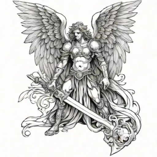 The angel could hold a sword or shield, with large, detailed wings, creating a powerful look. The phrase could be engrav tattoo design idea